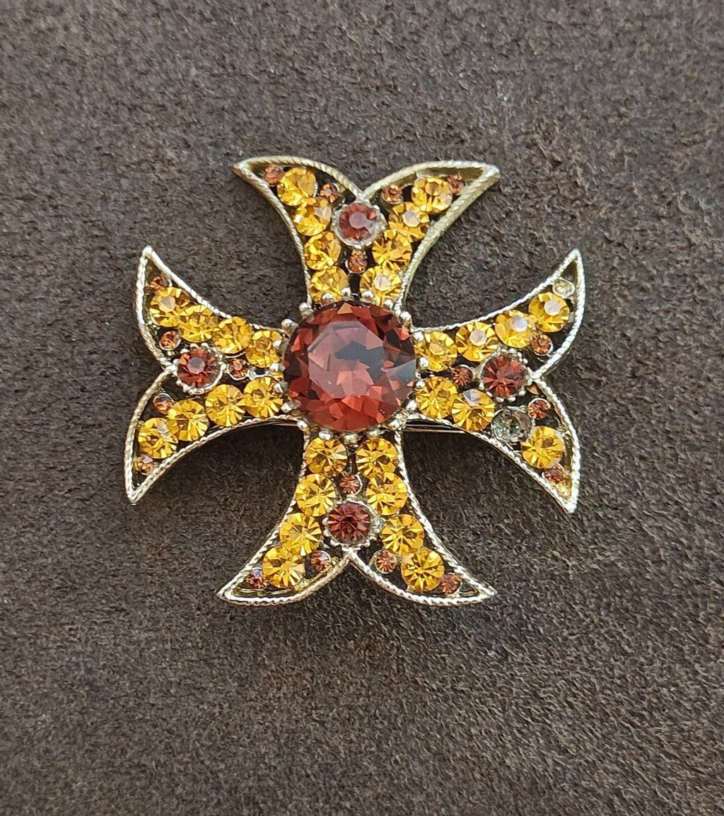 1950s/60s Gold Tone Maltese Cross Brooch & Pendant With Amber Rhinestones.