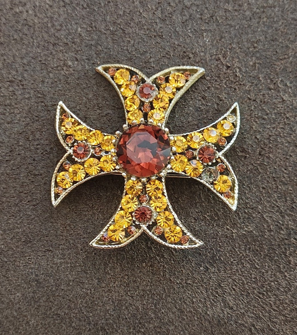 1950s/60s Gold Tone Maltese Cross Brooch & Pendant With Amber Rhinestones.