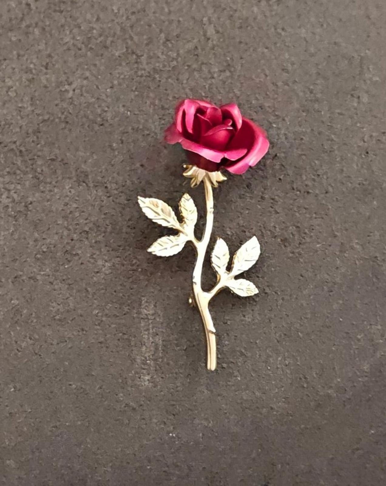 1980s Gold Tone Long Stem Textured Red Rose Brooch