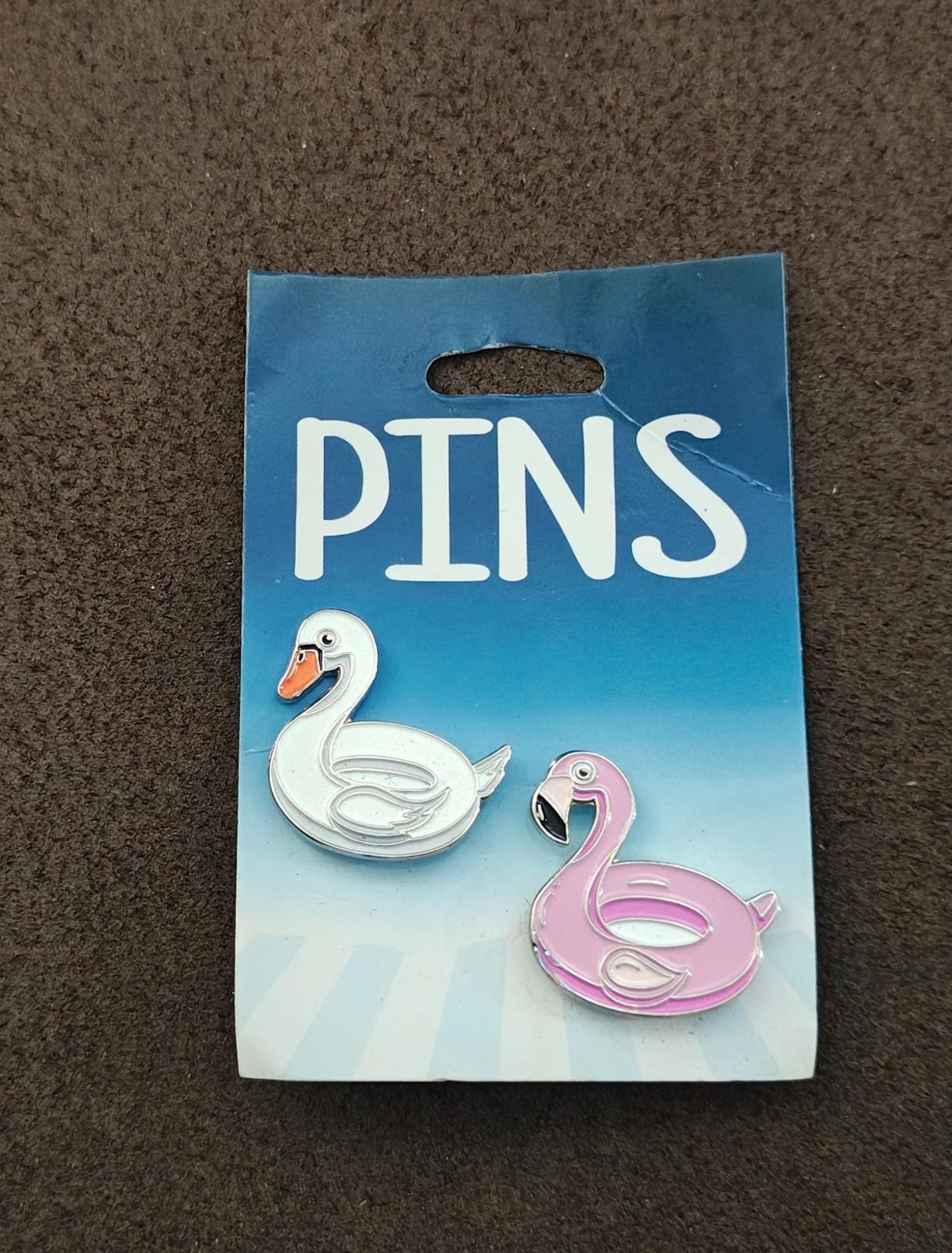 Colorful Set Of 1 White Swan Pin and 1 Pink Flamingo Silver Tone Pins New