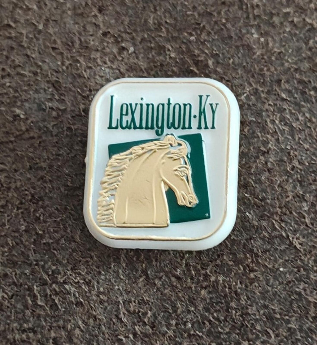 Lexington-KY horse travel souvenir pin with beige horse silhouette on green panel