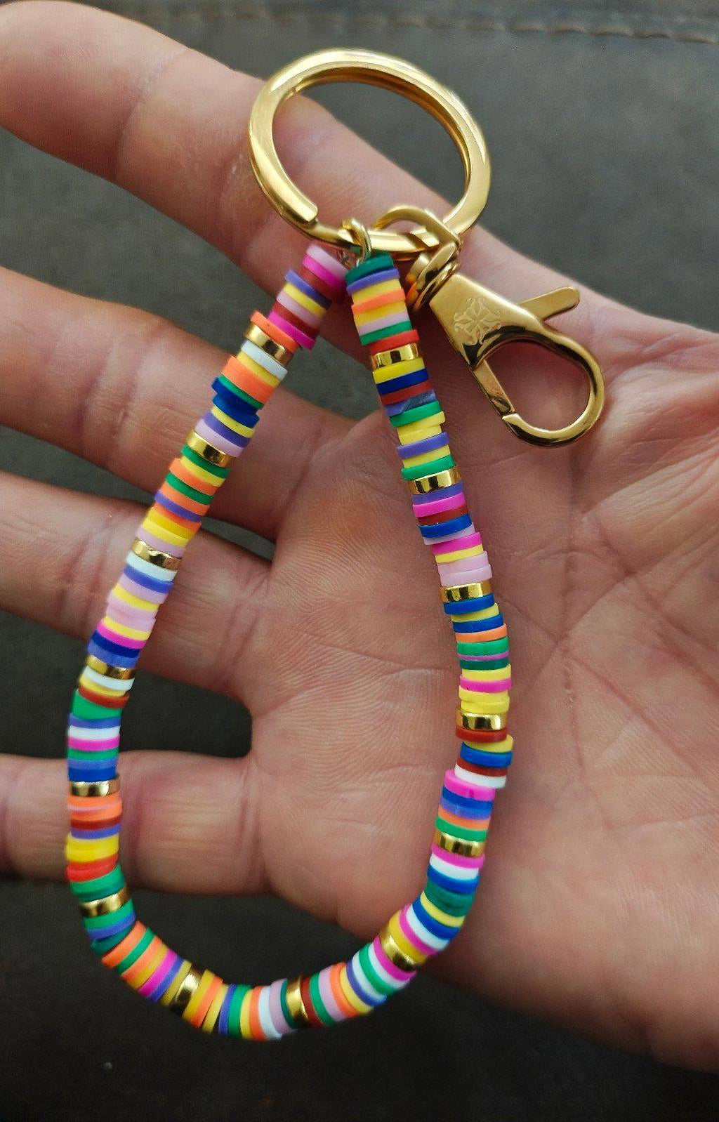Multicolor heishi beaded bracelet keychain with gold ring and lobster clasp