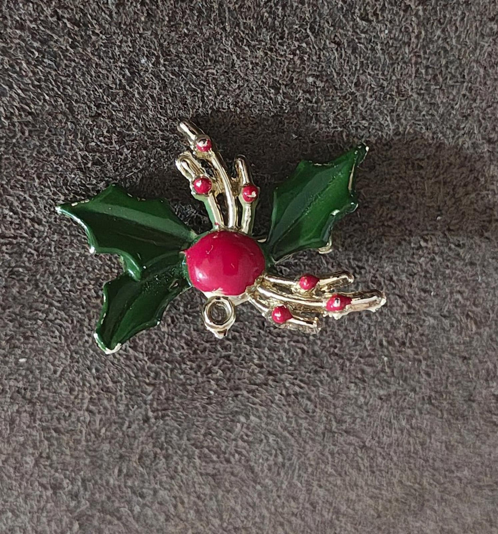 Holly enamel brooch pin: green leaves with red berry center and gold-tone metal setting