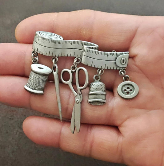 1980s JJ Jonette Sewing Theme Pewter Dangle Brooch
