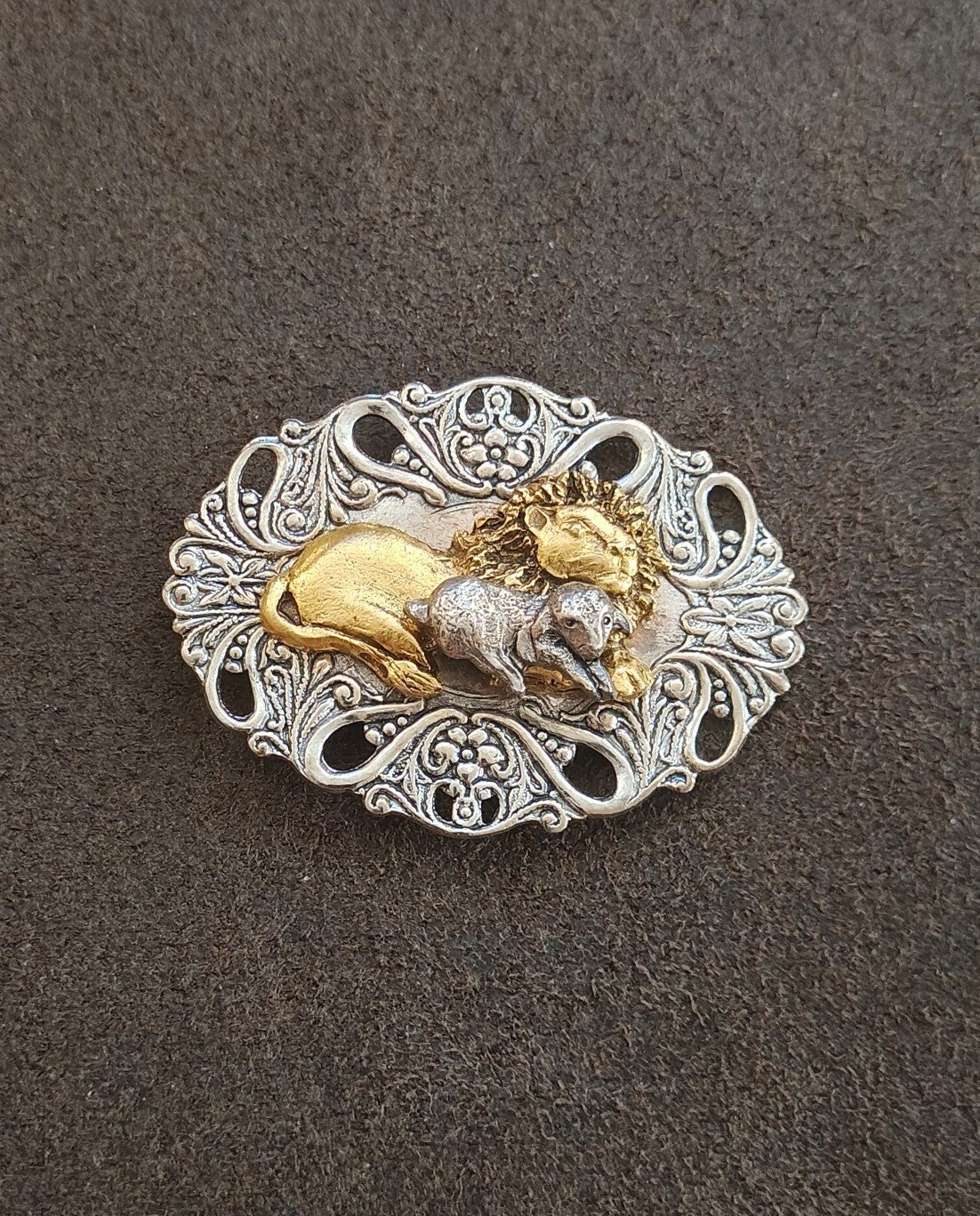 Biblical Lion & The Lamb Two Tone Openwork Filigree Brooch