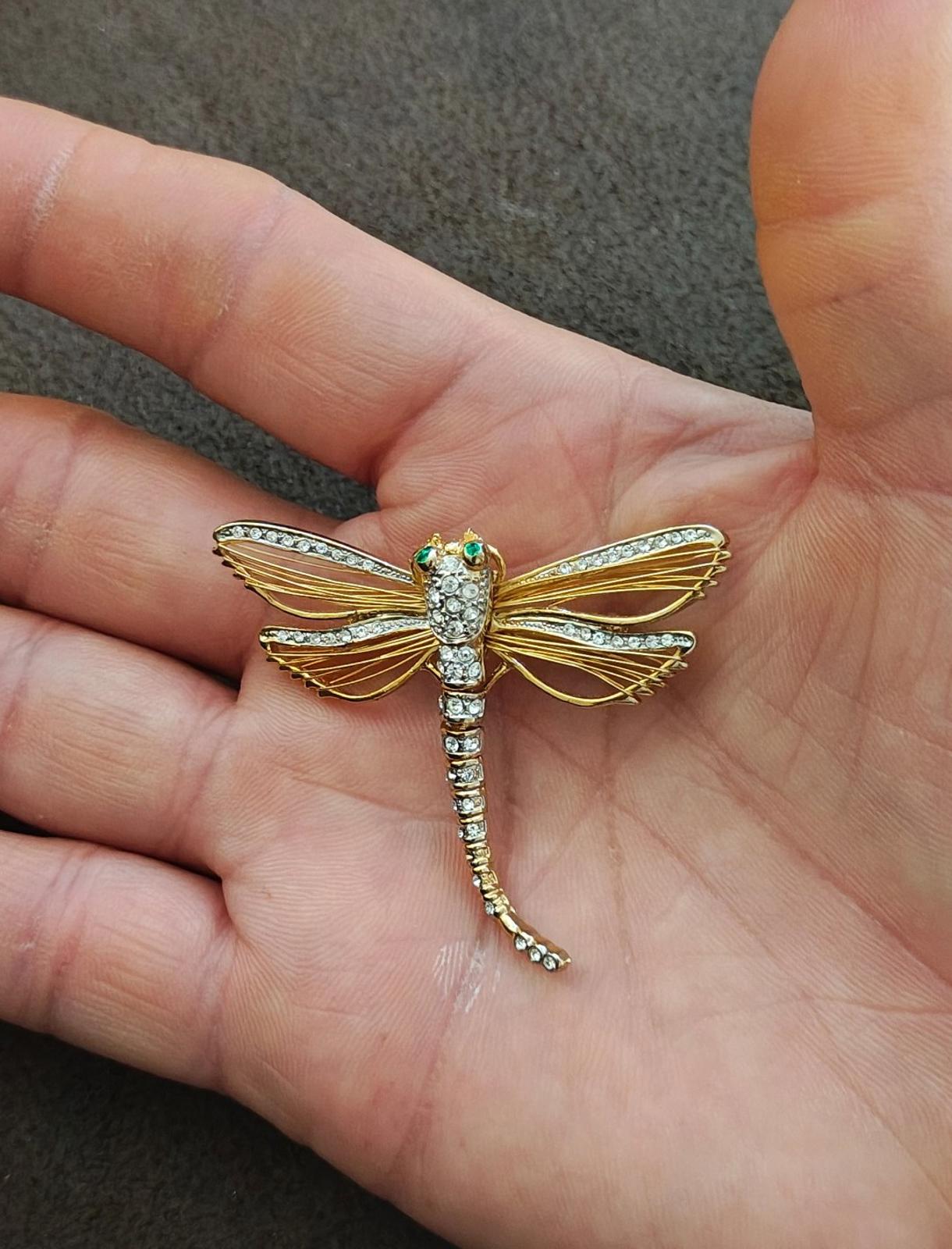 1990's Gold Tone With Clear Rhinestones and Green Enamel Eyes Dragonfly Pin