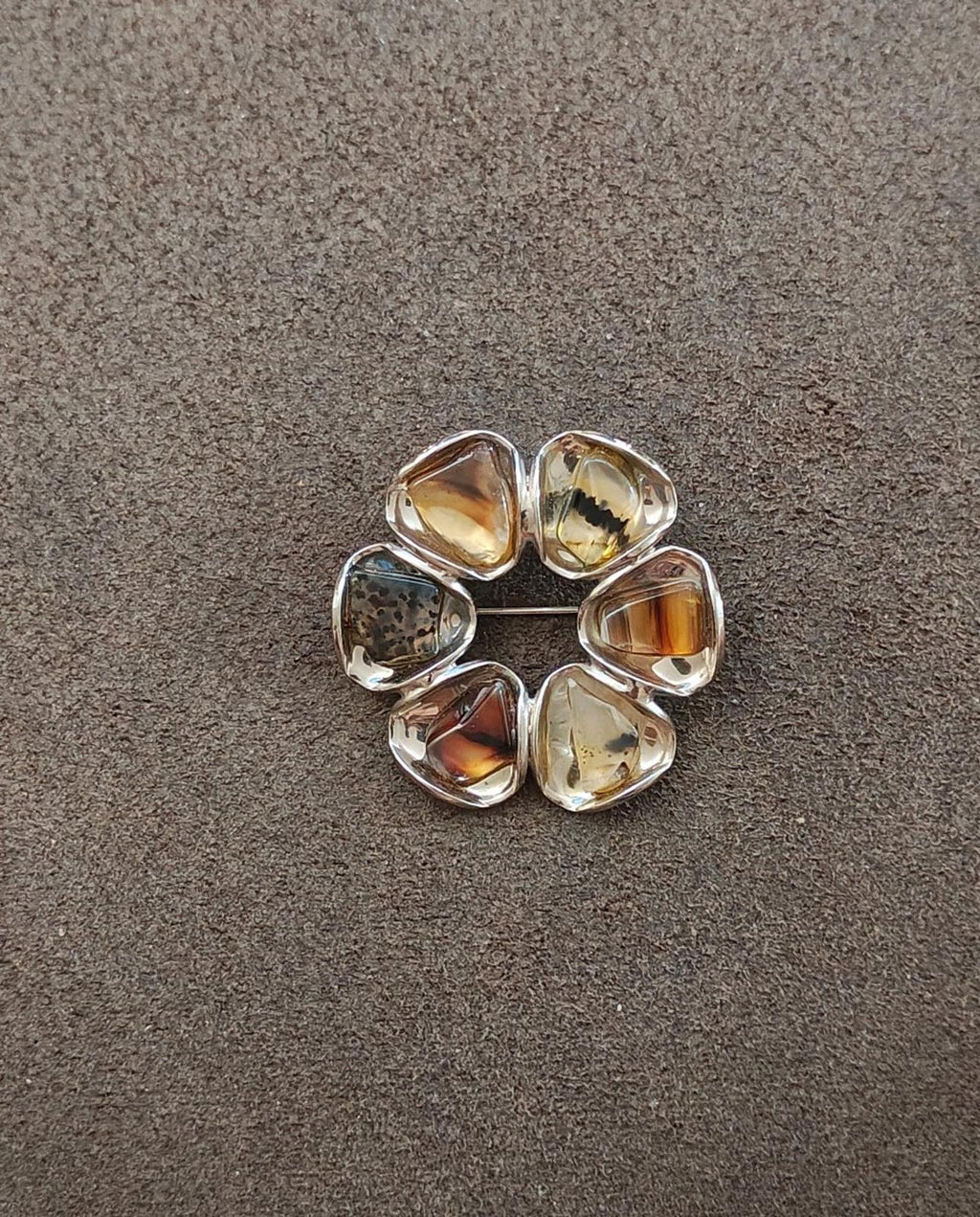 Small gold-tone circular brooch with six polished agate cabochons around a ring
