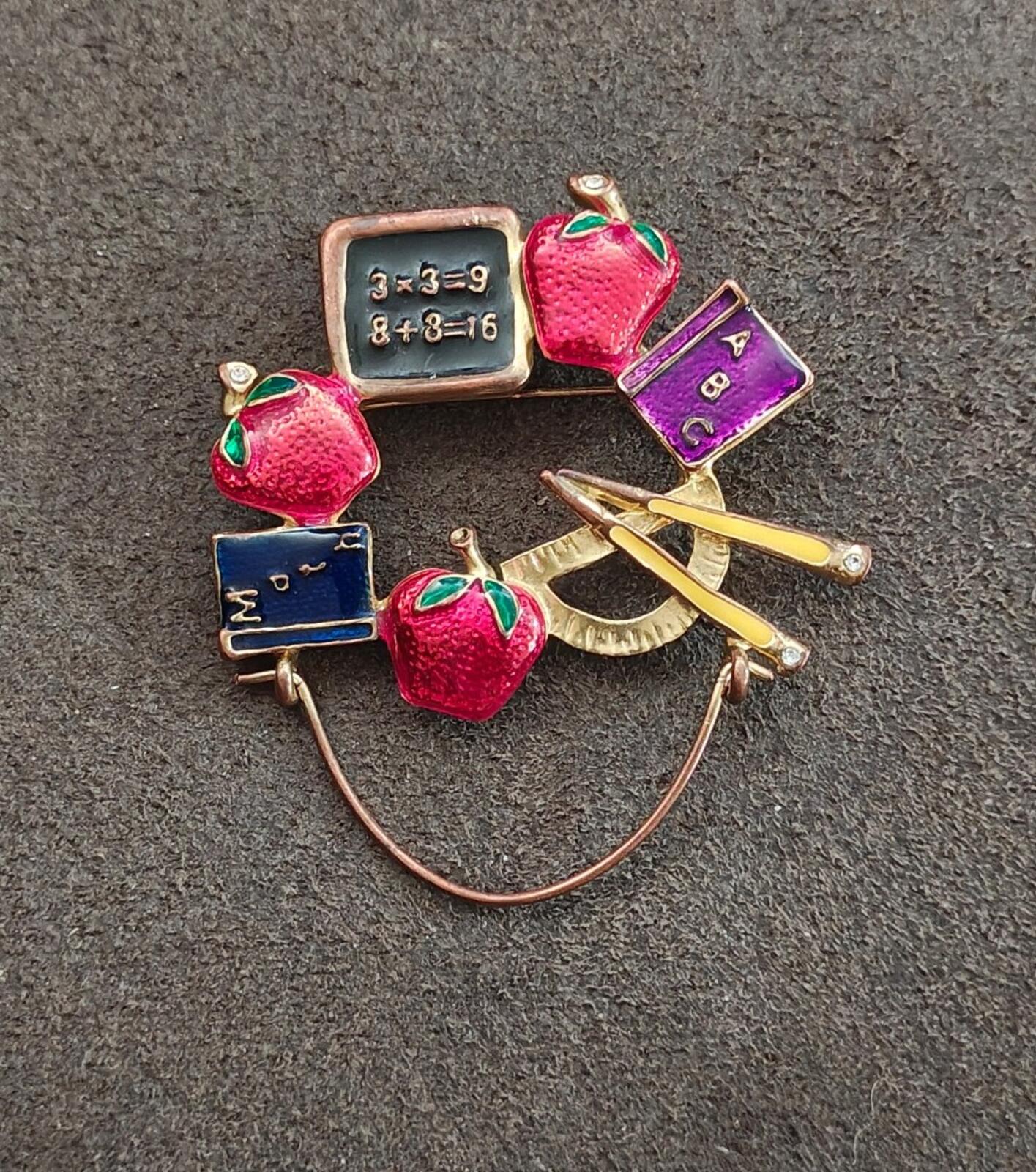 1980s Gold Tone Enamel School Teacher Brooch