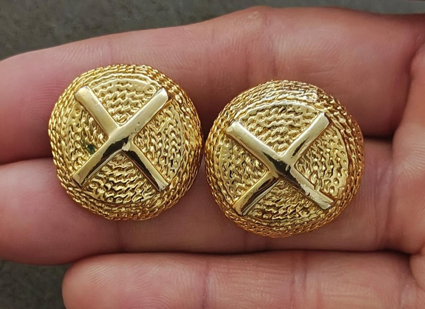 1980s Gold Tone Domed Textured Classic X Design Clip On Earrings