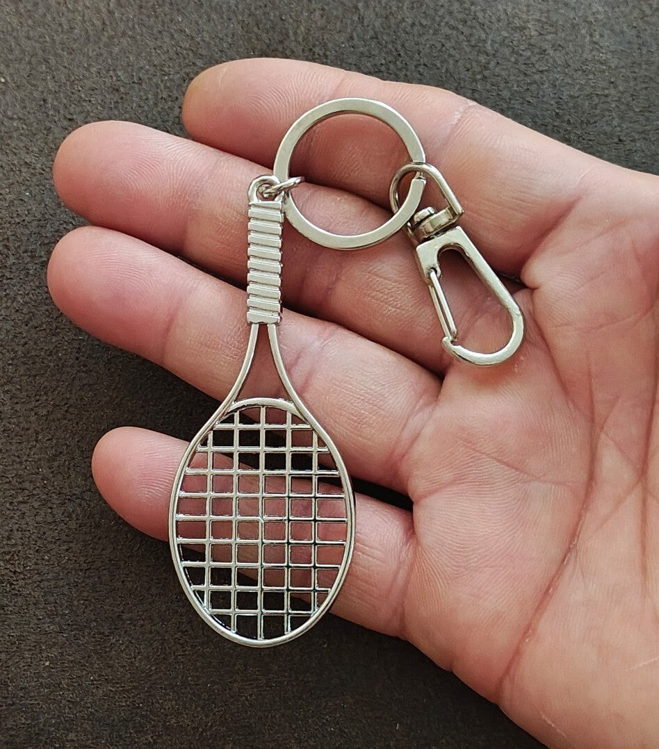 Silver Tone Novelty Tennis Racket Keychain Bag Charm