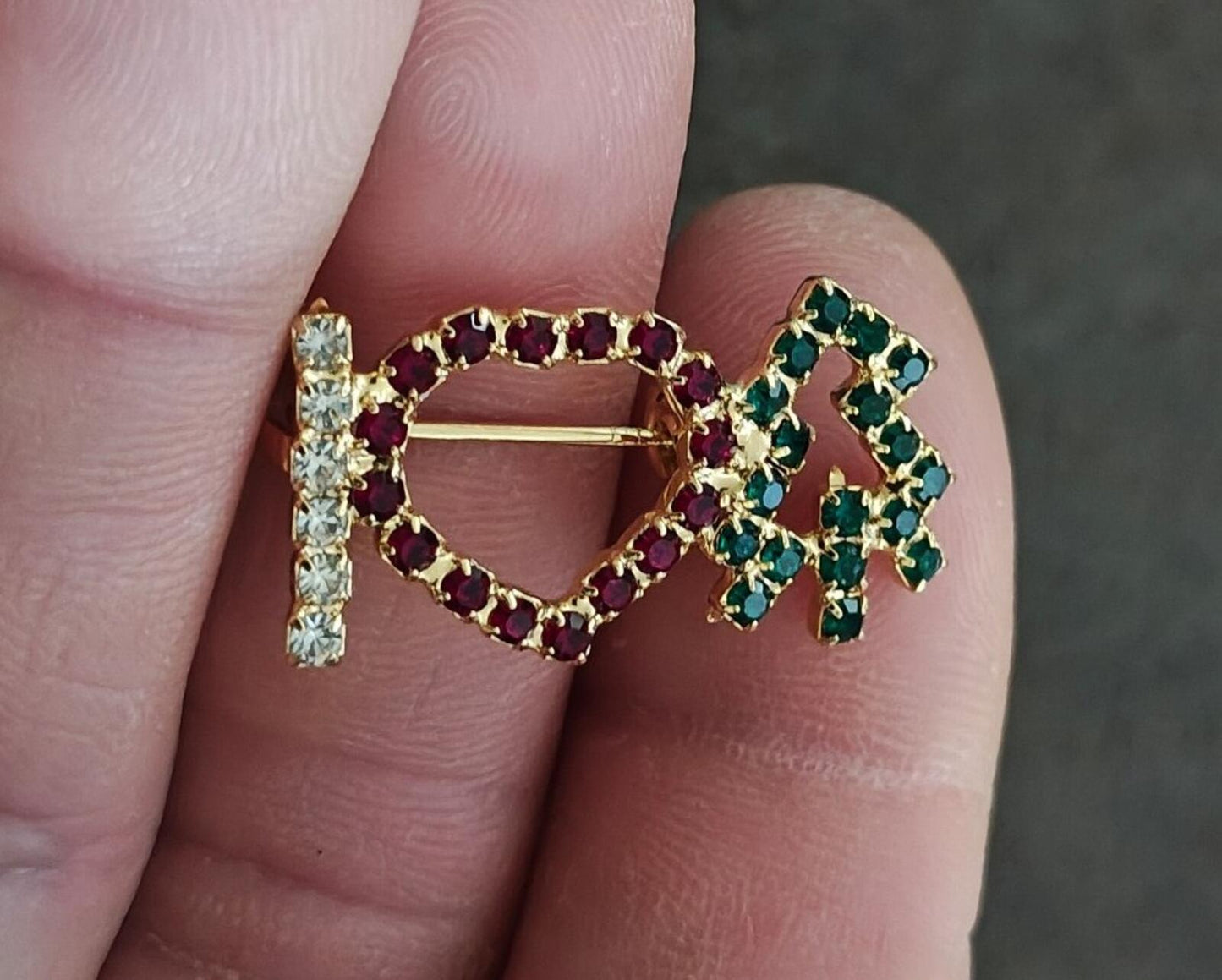 1980s "I Heart Christmas Tree" Gold Tone With Multi Colored Rhinestones Brooch
