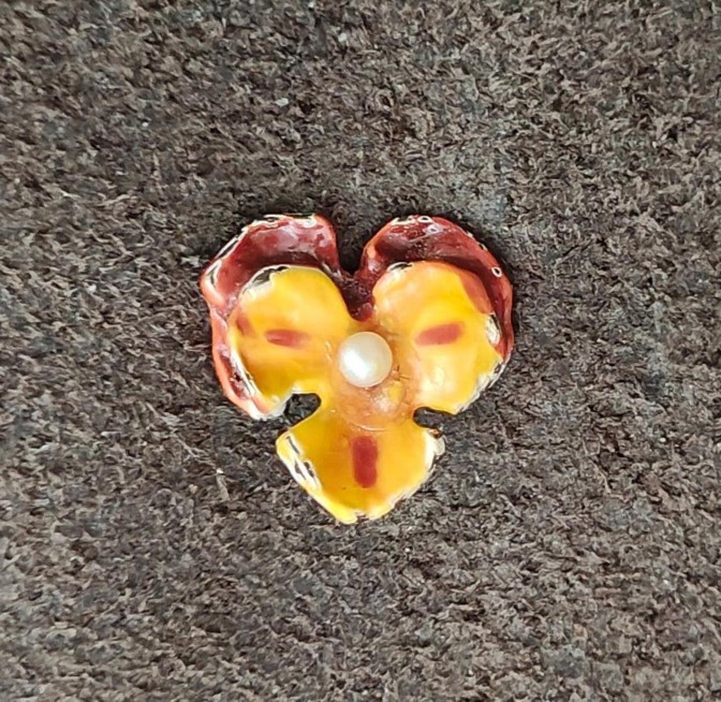 1990s Vintage Orange And Maroon Enamel Small Pansy Brooch With Faux Pearl