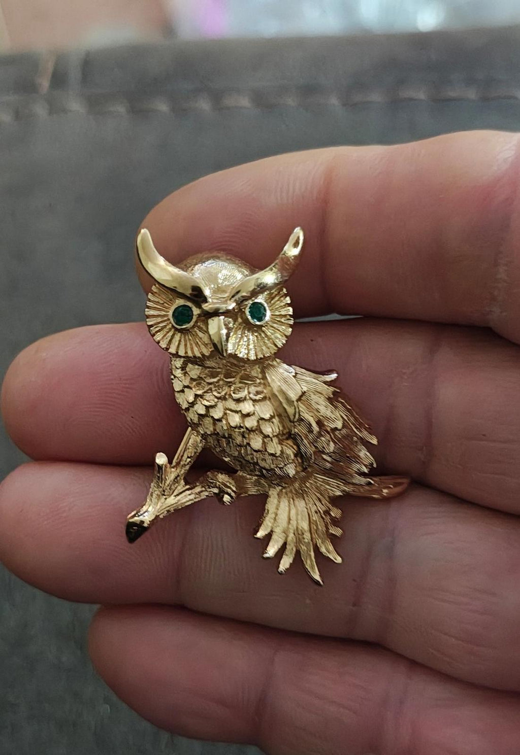 1980s Monet Gold Tone Owl With Emerald Green Rhinestone Eyes Brooch