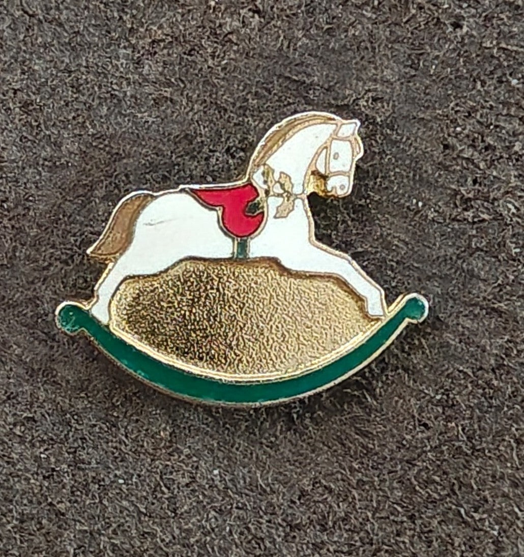 1989 Hallmark Rocking Horse Gold Tone With White, Red & Green Enamel Pin