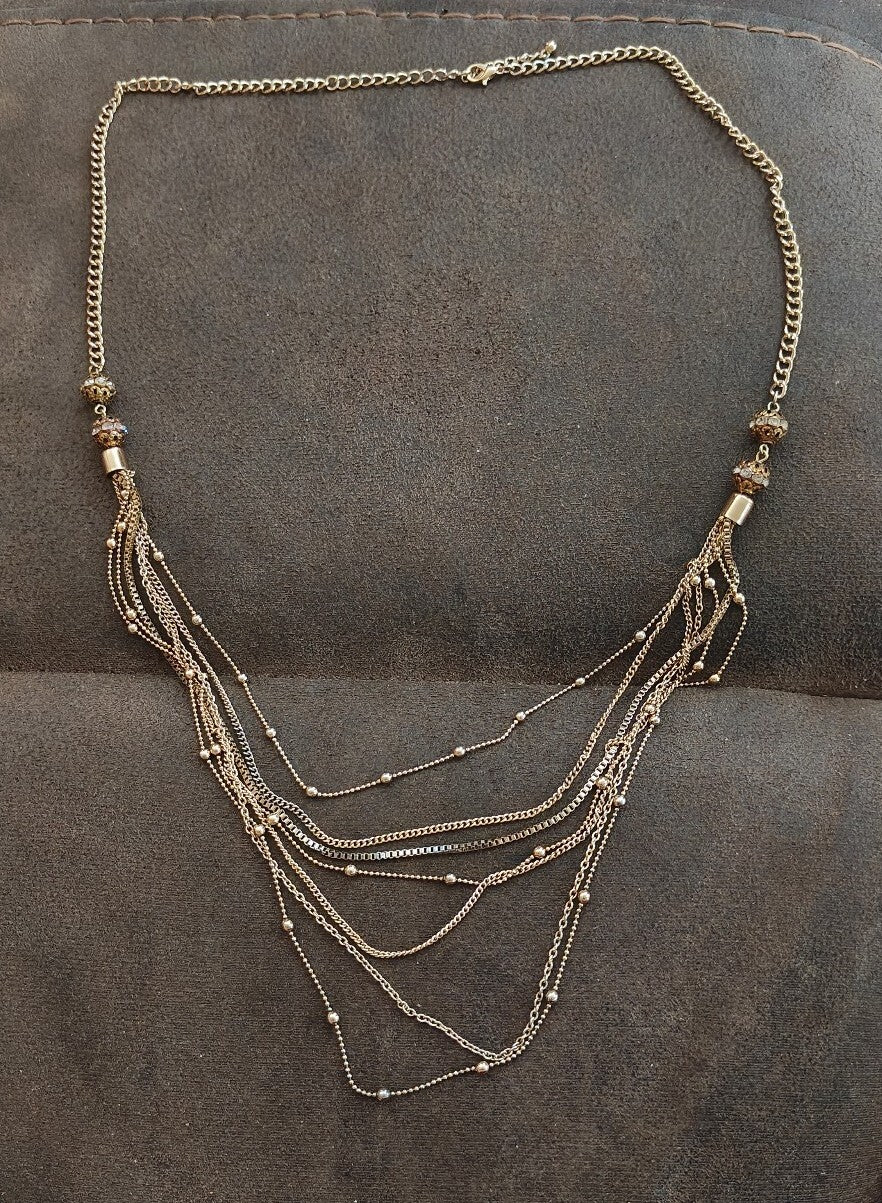 Boho Style Gold Tone Layered Multi-Strand Mixed Chains Statement Necklace