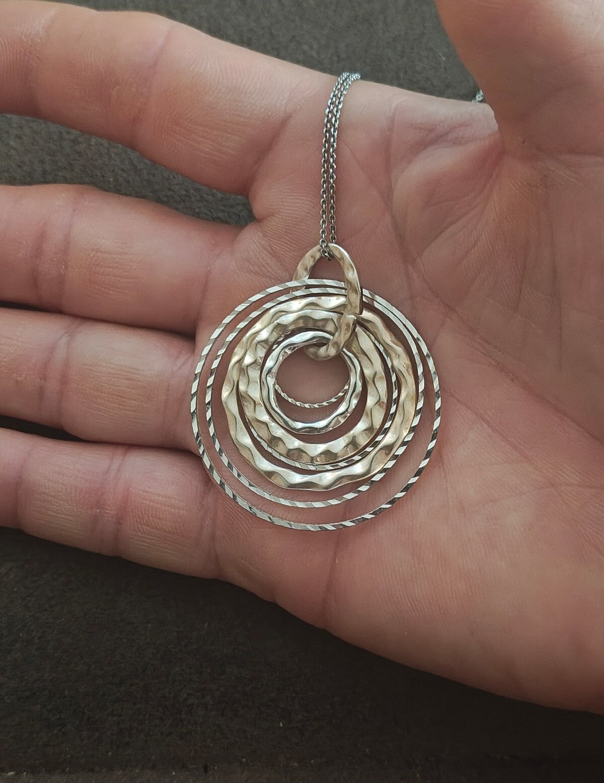 Silver Tone Multi Layer Concentric Circle Pendant Necklace