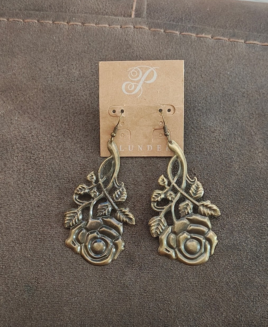 Plunder Design "Rosey" Antique Gold/Bronze Tone Filigree Dangle Earrings New