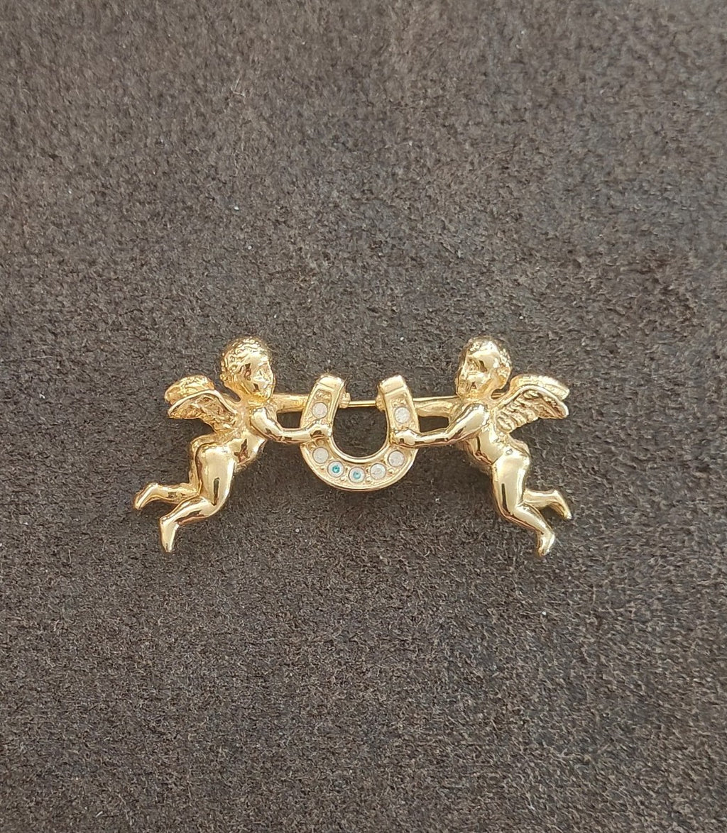 1980s Unsigned Kirks Folly Gold Tone Cherub & Lucky Horseshoe Brooch Pin