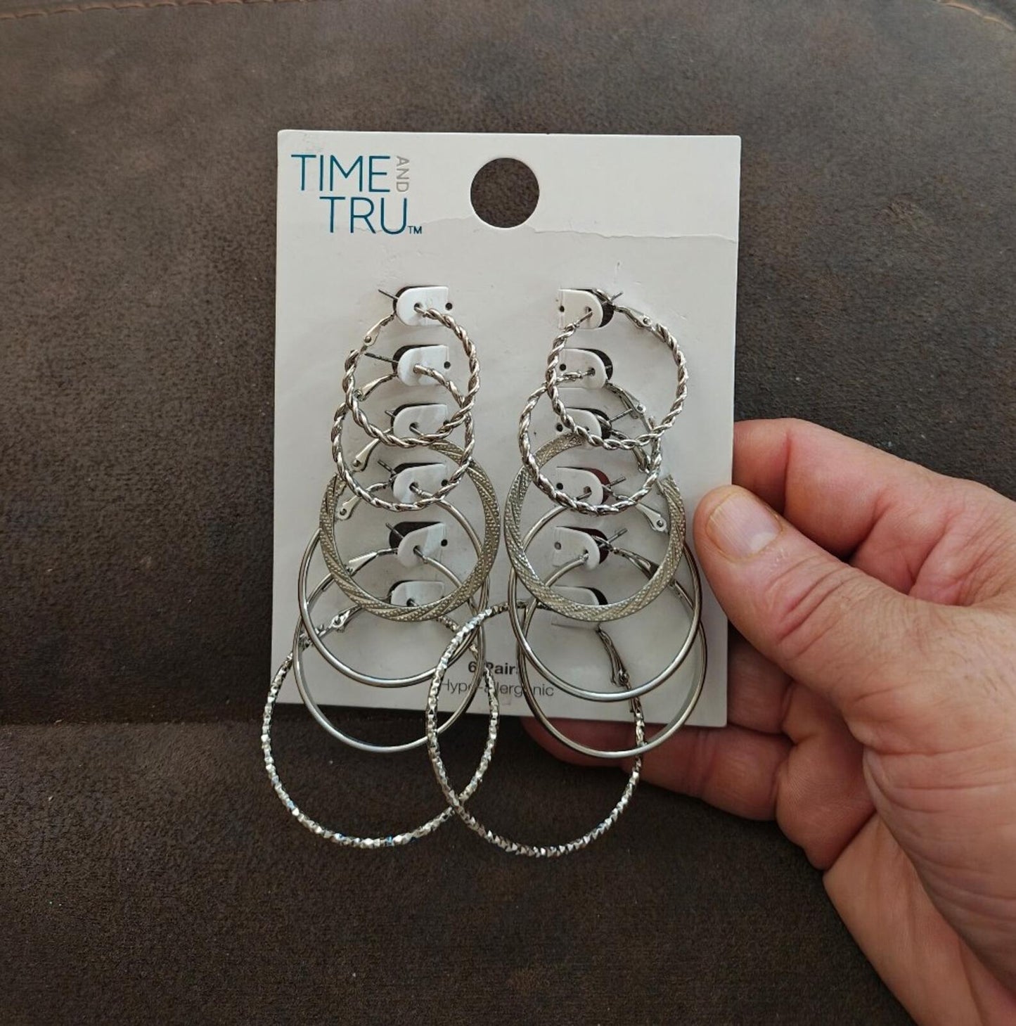 Time & Tru Women's Silver Tone Textured & Smooth Hoop Earring Set, 6-Piece New