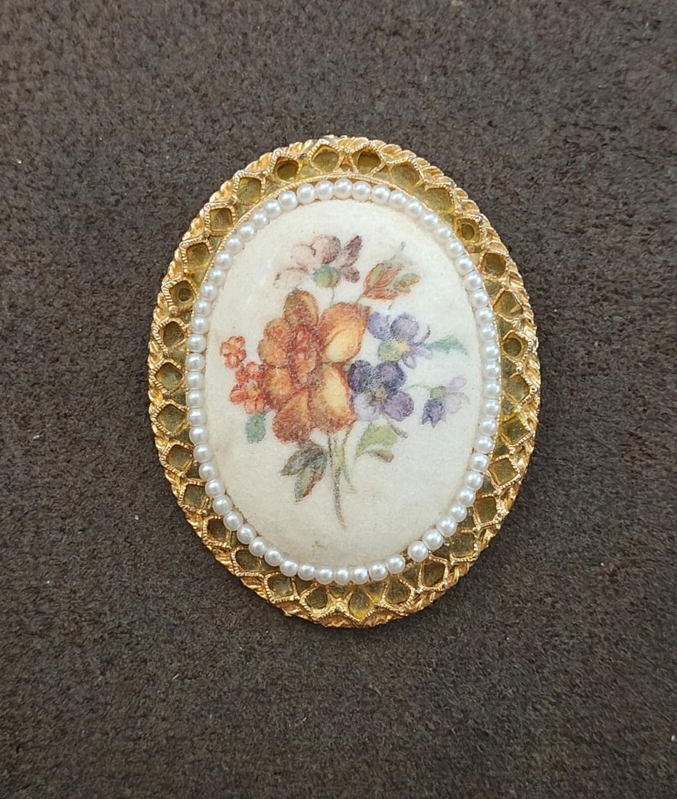 1960s Gold Tone Oval Ornate Floral Print On Ceramic Disc With Faux Pearls Brooch