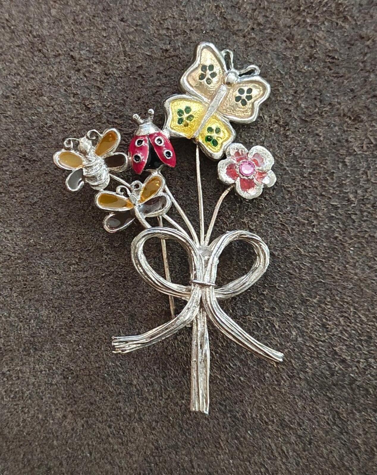 1980s Signed KC (Kenneth Cole) Silver Tone Nature Inspired Bouquet Design Brooch