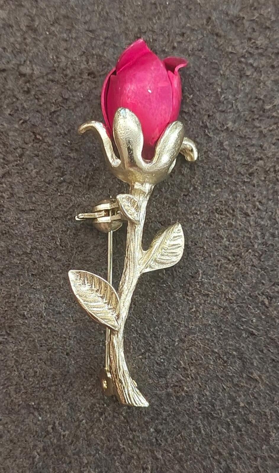 1980s Gold Tone Red Enamel Red Rose Bud With Single Stem Brooch