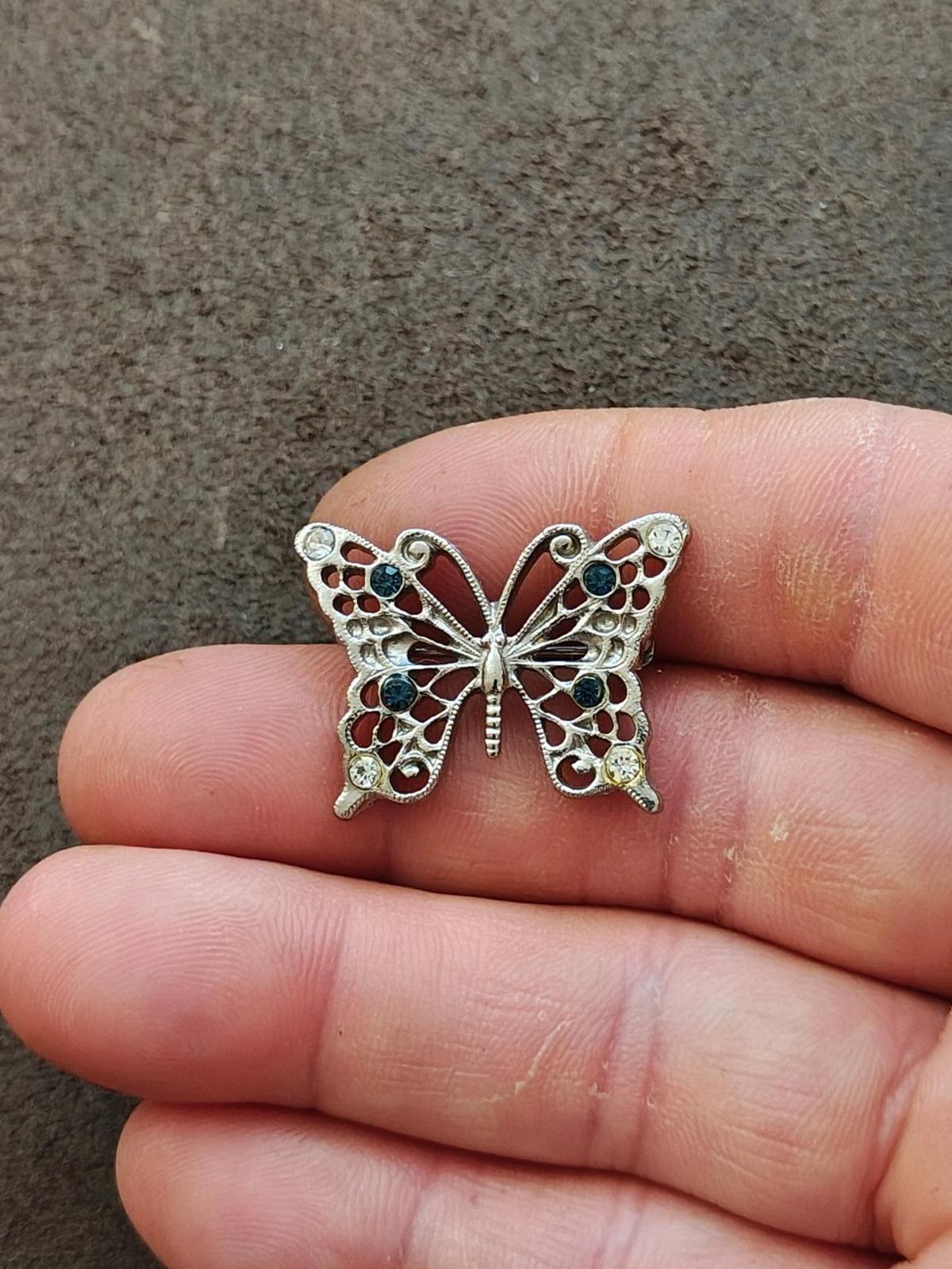 1950s Silver Tone With Clear & Blue Rhinestones Butterfly Brooch