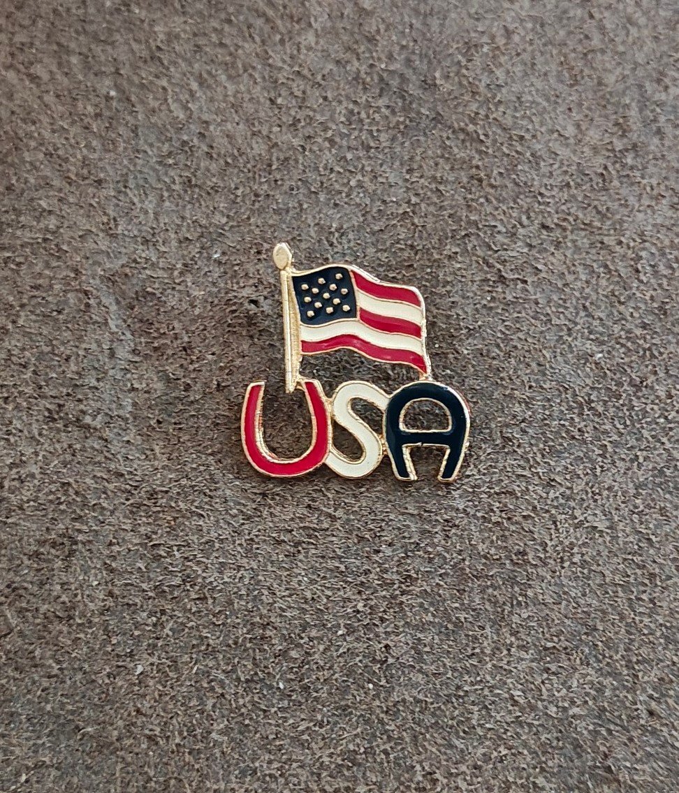 2000 Patriotic Horseshoe Style Letters USA American Flag Enamel Pin