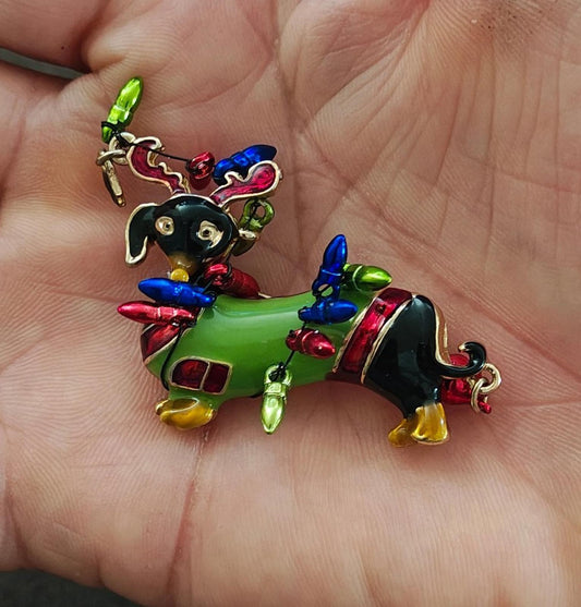 Dachshund Dog Wearing Reindeer Antlers and Wrapped In Colorful Lights Brooch