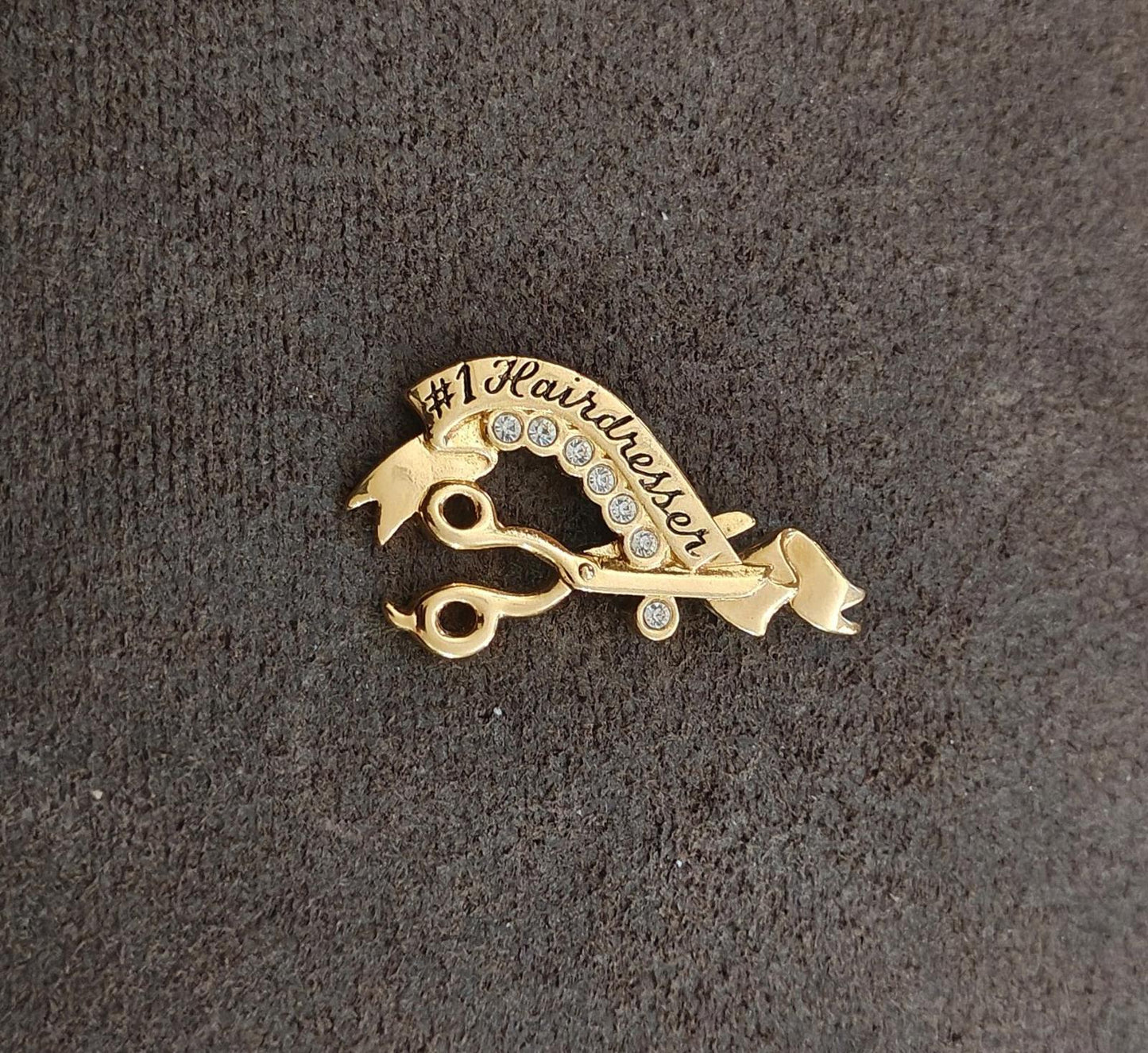 1980's Signed Avon #1 Hairdresser" Gold Tone With Clear Rhinestones Brooch