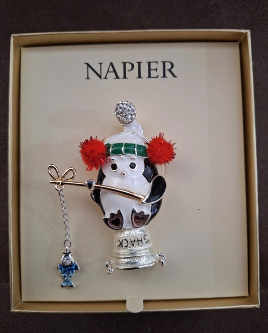 Super Cute Napier Silver Tone Enamel Elevated Fishing Penguin Pin New In Box.