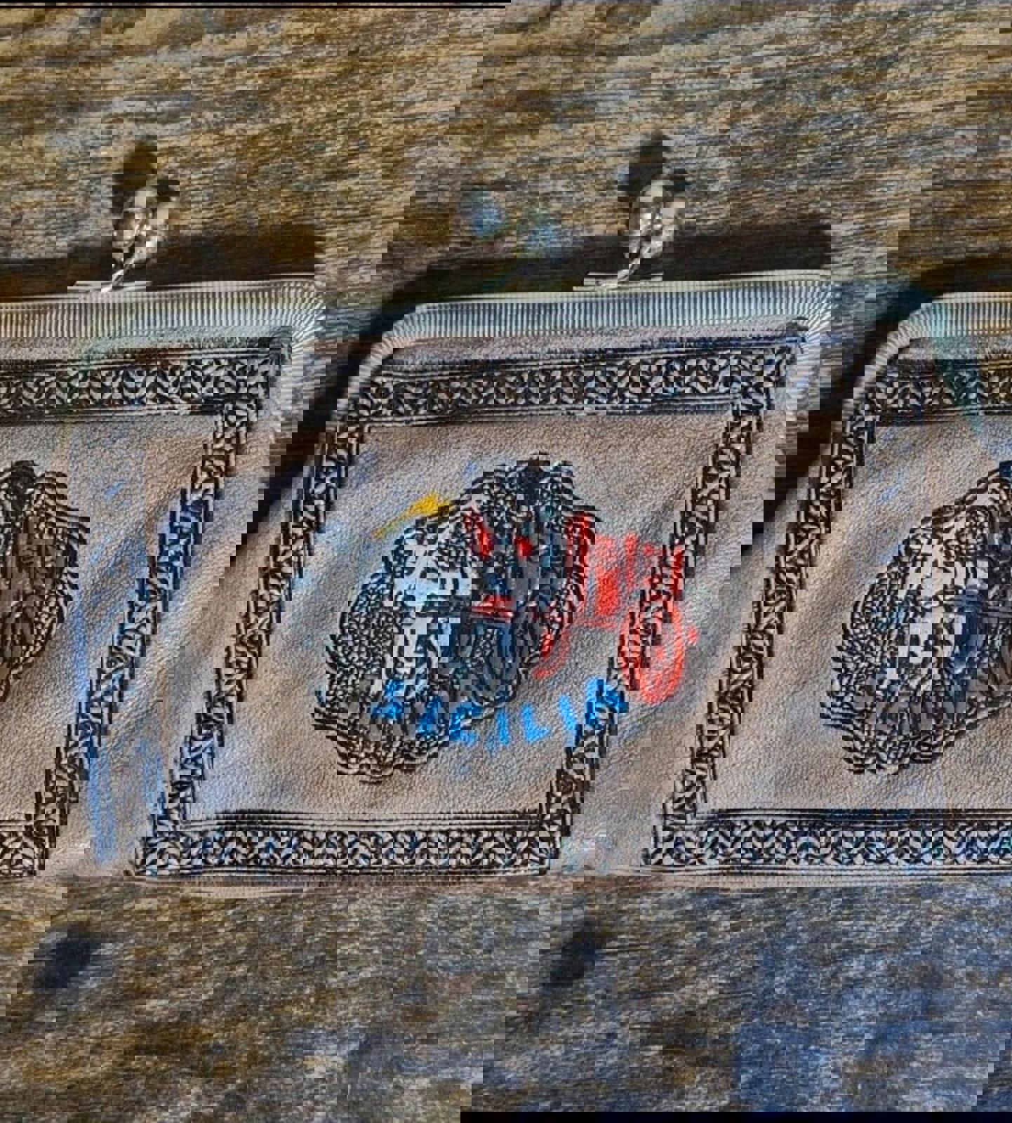 Great Looking Vintage Sicilia/Sicily Tan Leather Embossed Coin Purse Wallet.