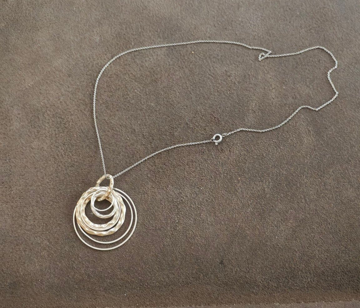 Silver Tone Multi Layer Concentric Circle Pendant Necklace