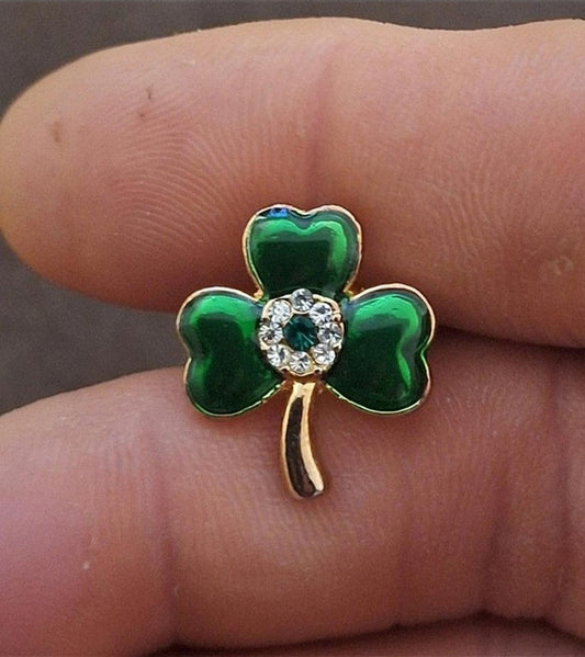 Pretty Three Leaf Lucky Clover/Shamrock With White & Green Crystals/Rhinestones