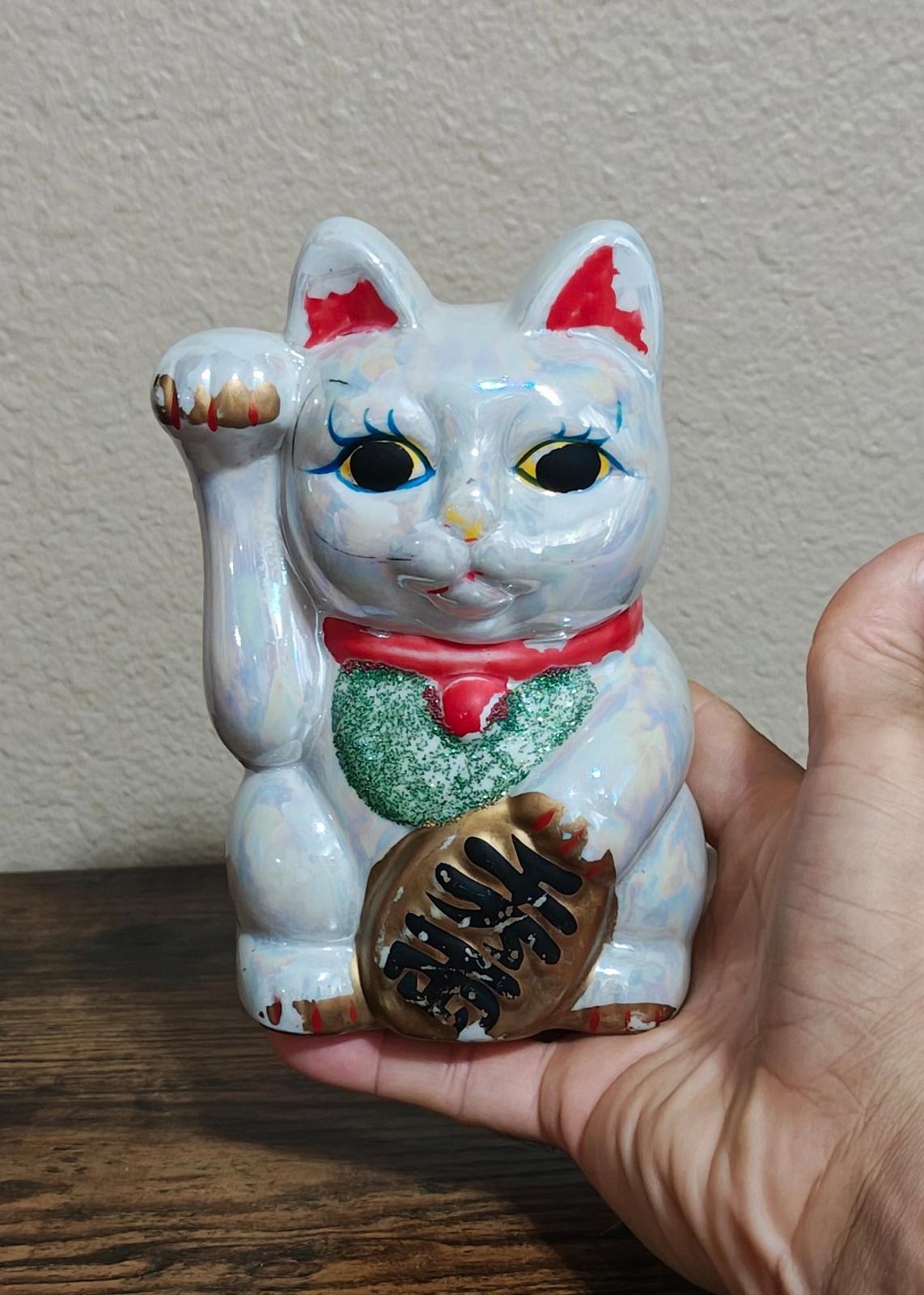 1990's Japanese Iridescent Maneki Neko Lucky Cat Ceramic Coin Bank