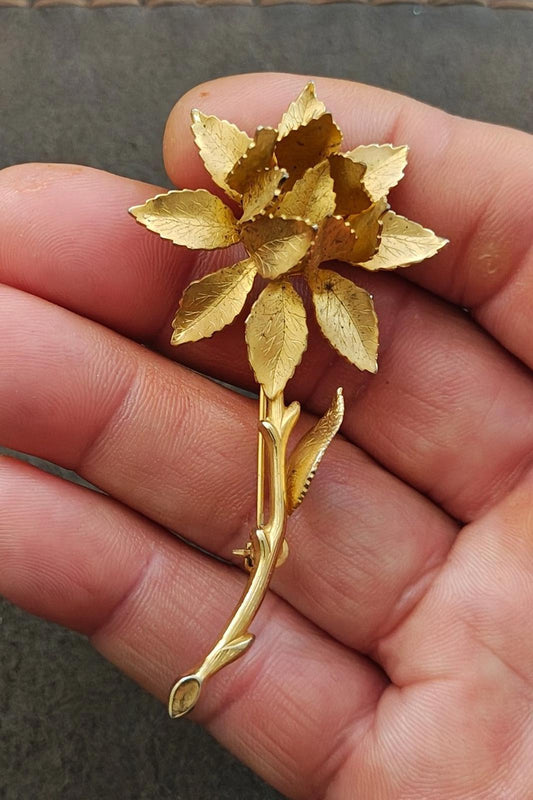 1970s Gold Tone Textured Rose Brooch Pin