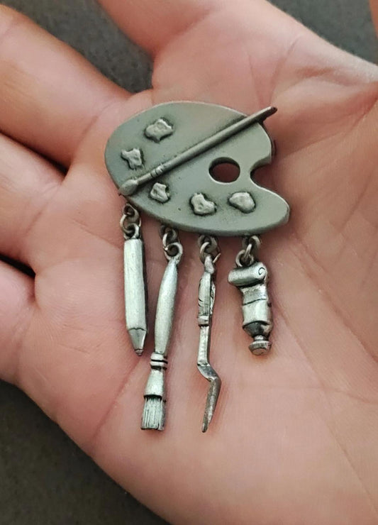 1980s Signed J.J. (Jonette Jewelry) Artist Palette Pewter Dangle Brooch