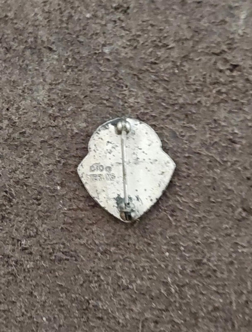 Silver-tone pin back with hinged post, maker marks, and scuffing visible.