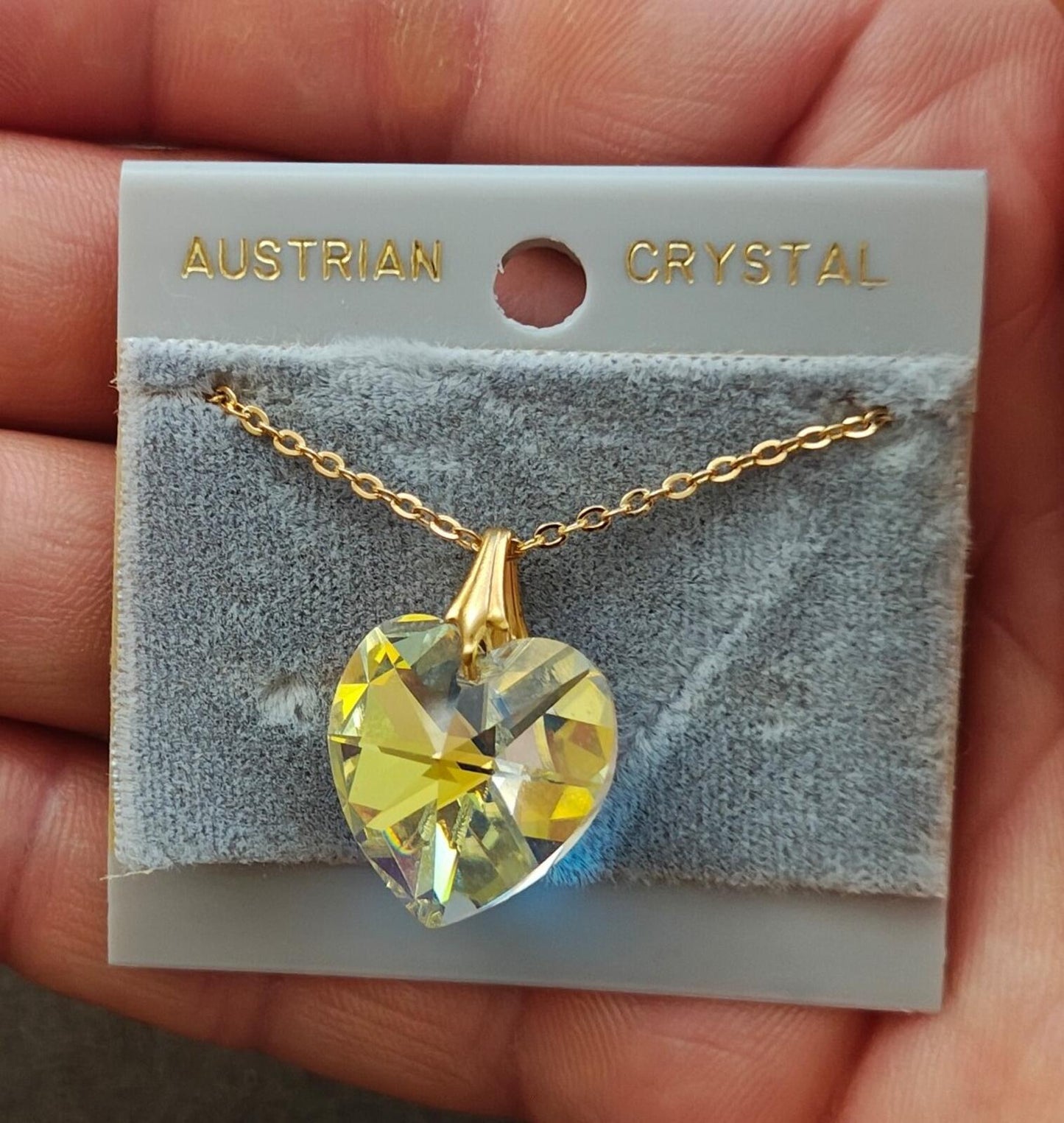 1980s Yellow Heart Shaped Iridescent Austrian Crystal Pendant Necklace