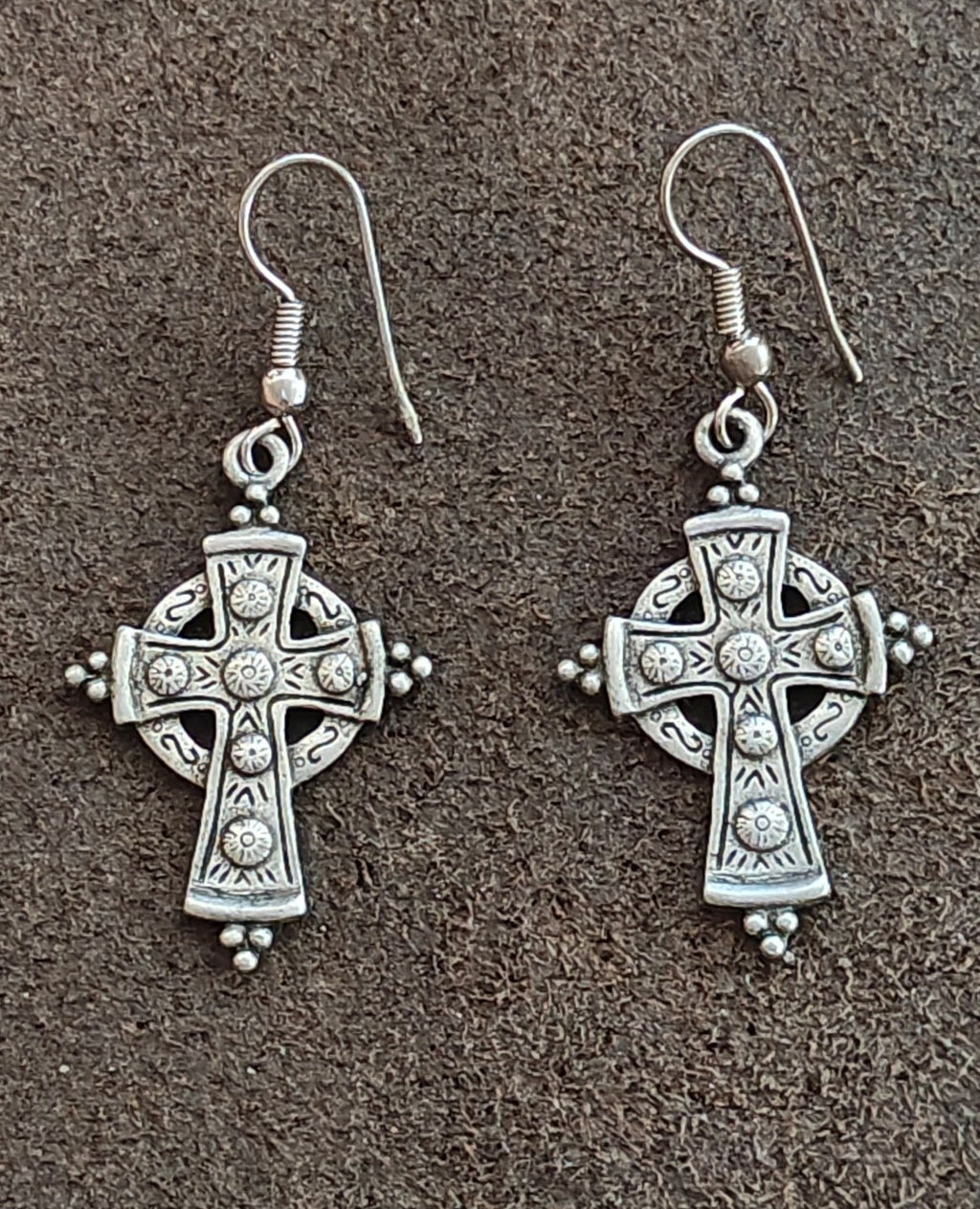 1970s/80s Signed JJ Antiqued Pewter Celtic Cross Dangle Earrings.
