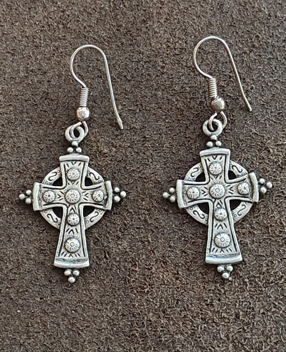 1970s/80s Signed JJ Antiqued Pewter Celtic Cross Dangle Earrings.