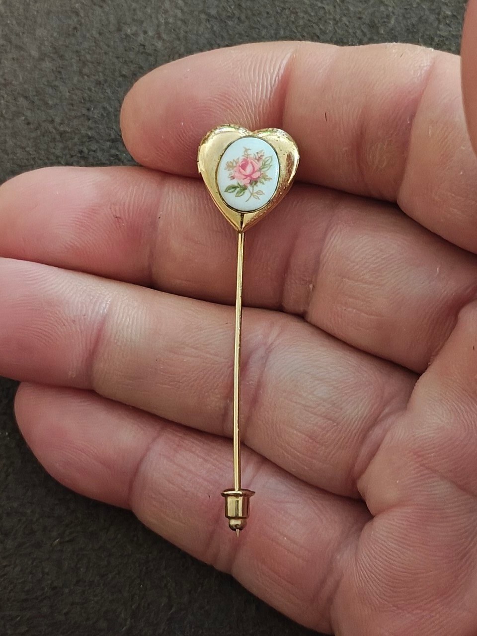 1970s/80s Gold Tone Victorian Revival Style Heart Shaped Floral Locket Stick Pin