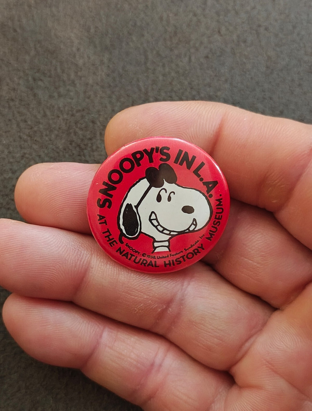 1980s Snoopy's In L.A. At The Natural History Museum Pinback Button