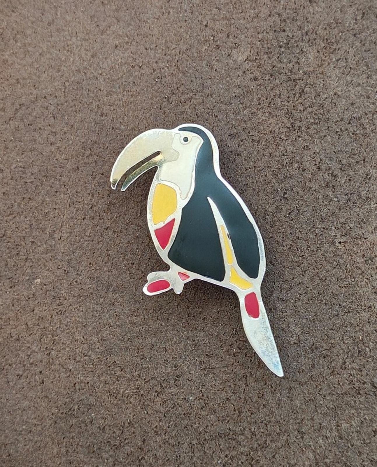 1980s Silver Tone Toucan Bird Enamel Brooch