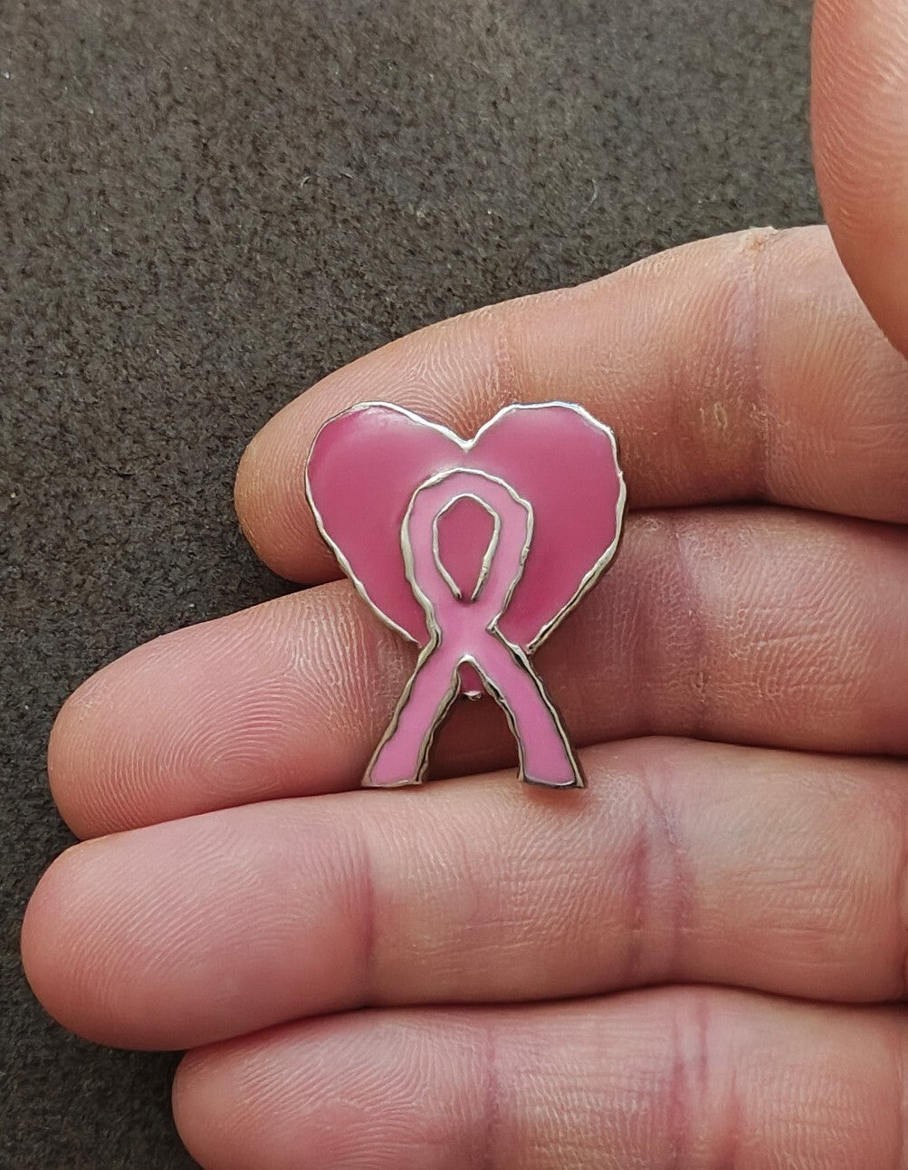 Pink Breast Cancer Awareness Ribbon Heart Silver Tone Enamel Pin