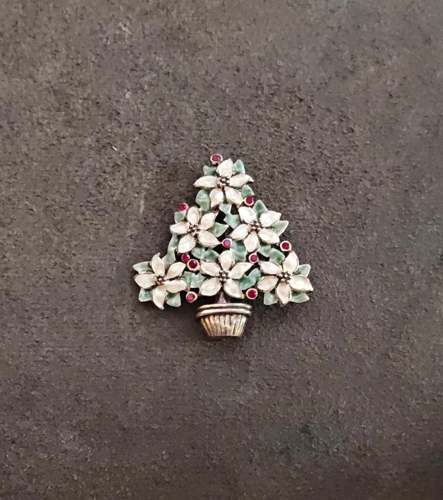 1960s Gold Tone Christmas Tree Brooch Featuring a Poinsettia Floral Design