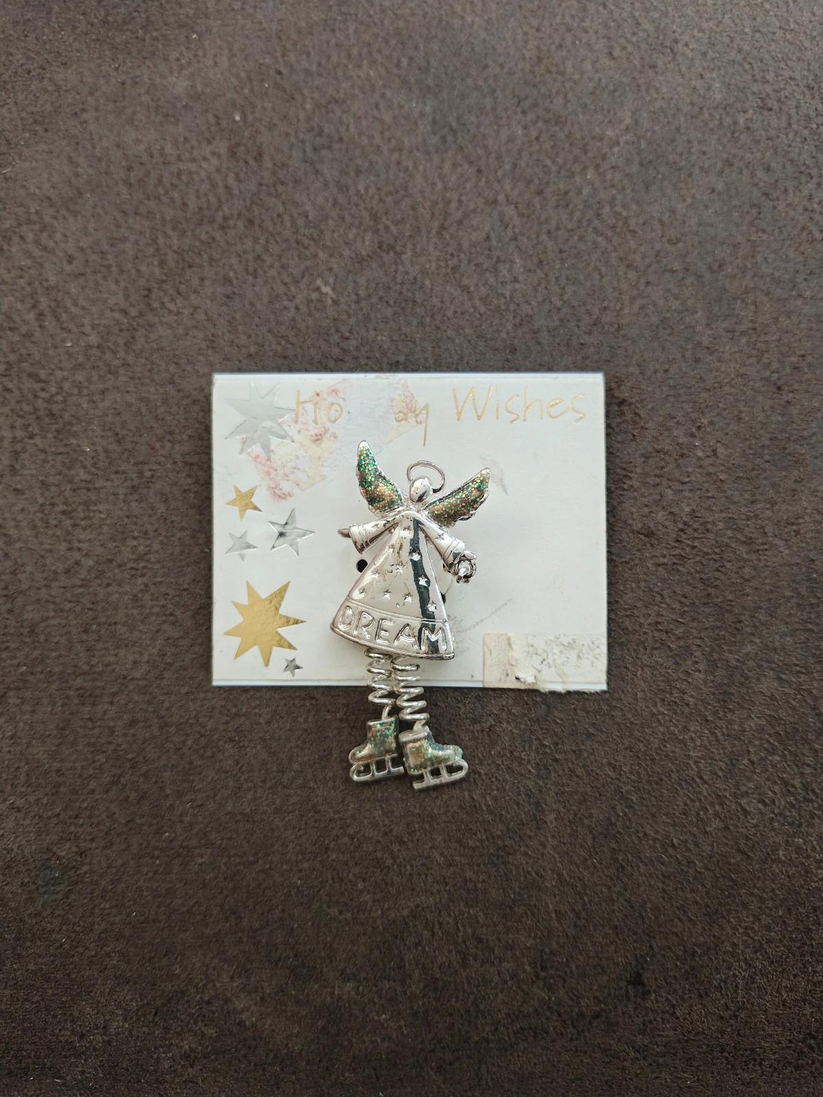 1990s Silver Tone With Glitter Accents "Dream" Angel Brooch
