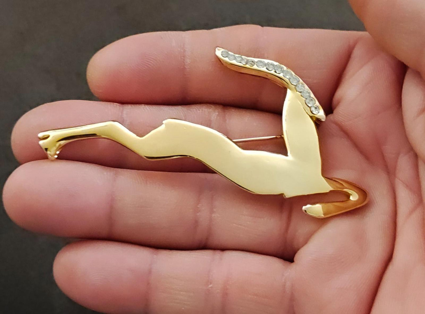 80s Large Gold Tone Leaping Gazelle or Impala With Sparking Rhinestones Brooch
