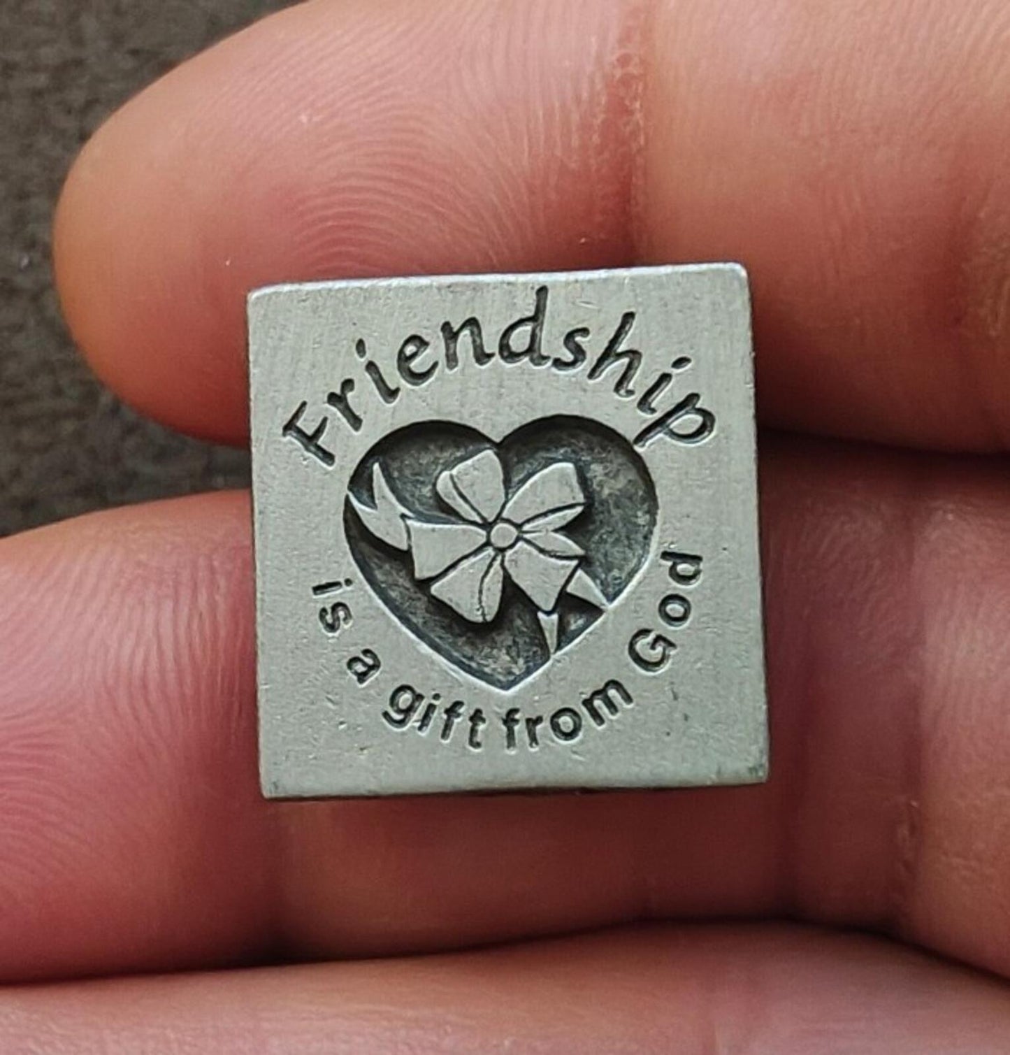 80s "Friendship is a gift from God" Pewter Pin With Engraved Heart & Ribbon