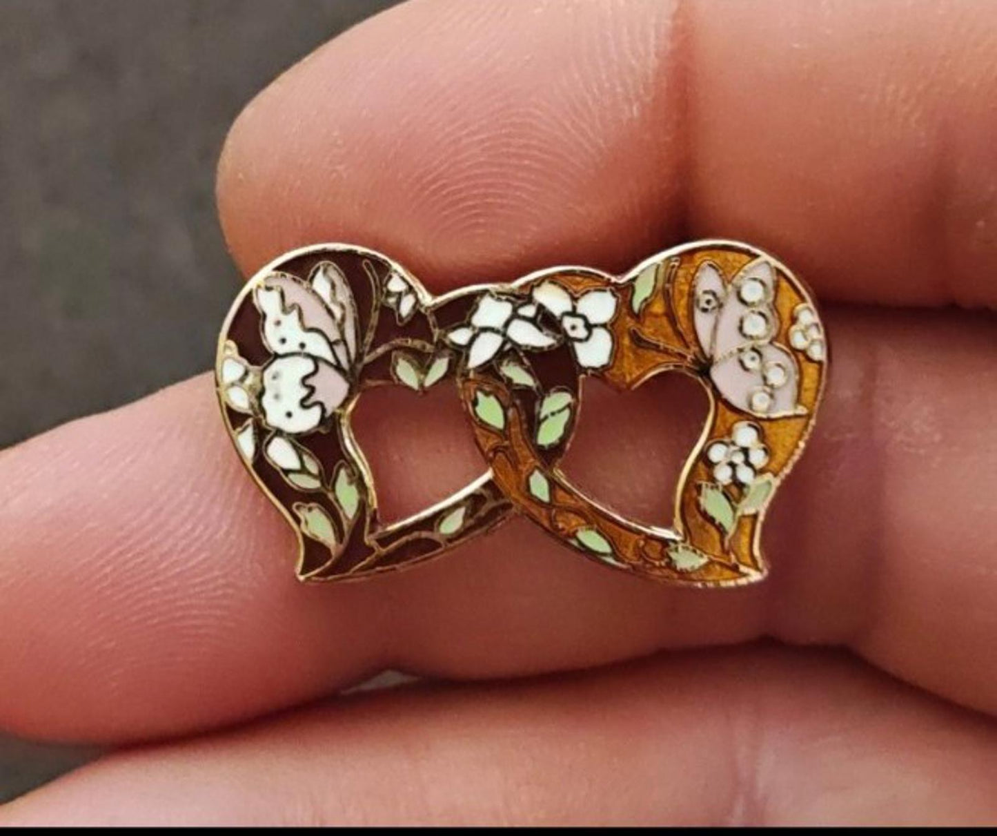 1980s Vintage Two Hearts With Butterflies Gold Tone Brooch Pin